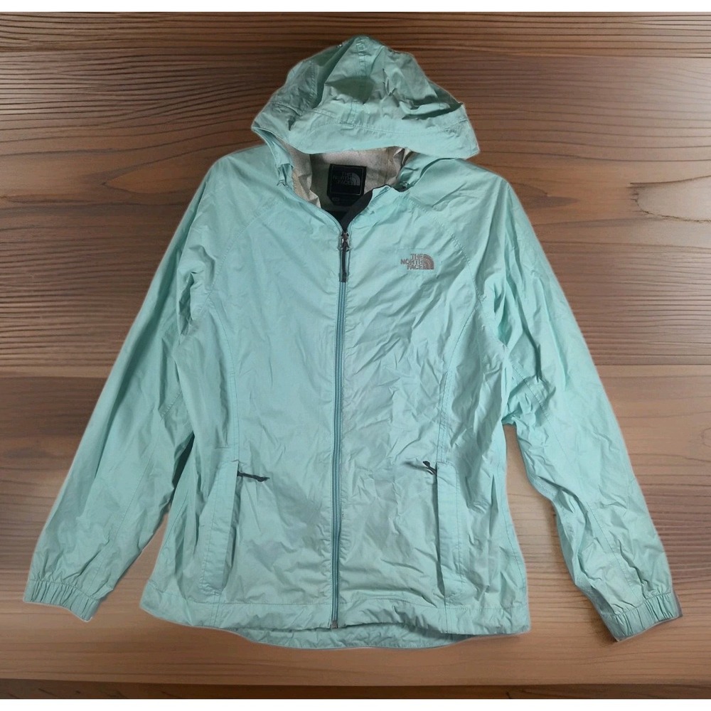The North Face Women M Mint Blue Hooded Rain Jacket Lightweight Waterproof Shell